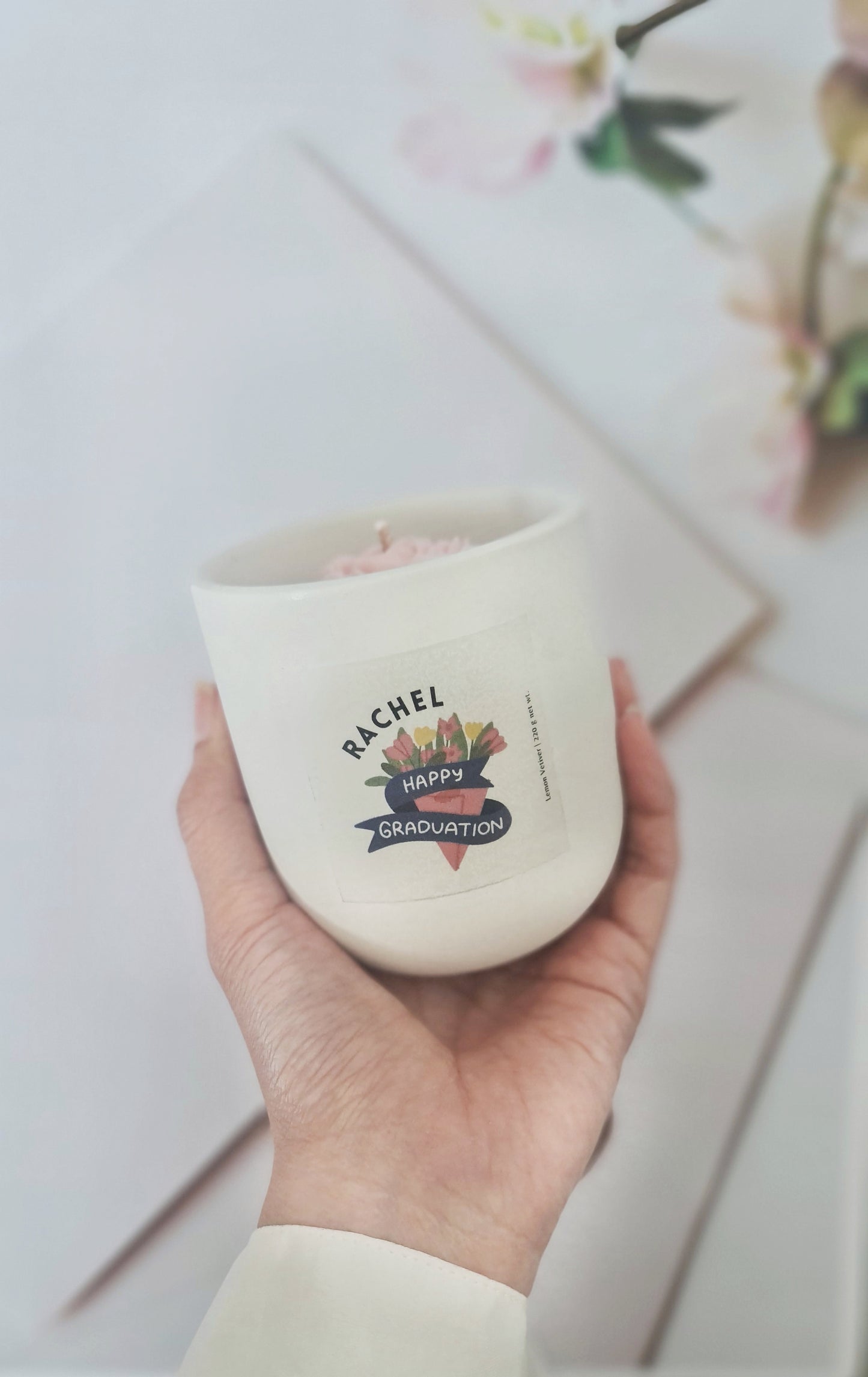 Personalised name candle, graduation, silk ivory candles