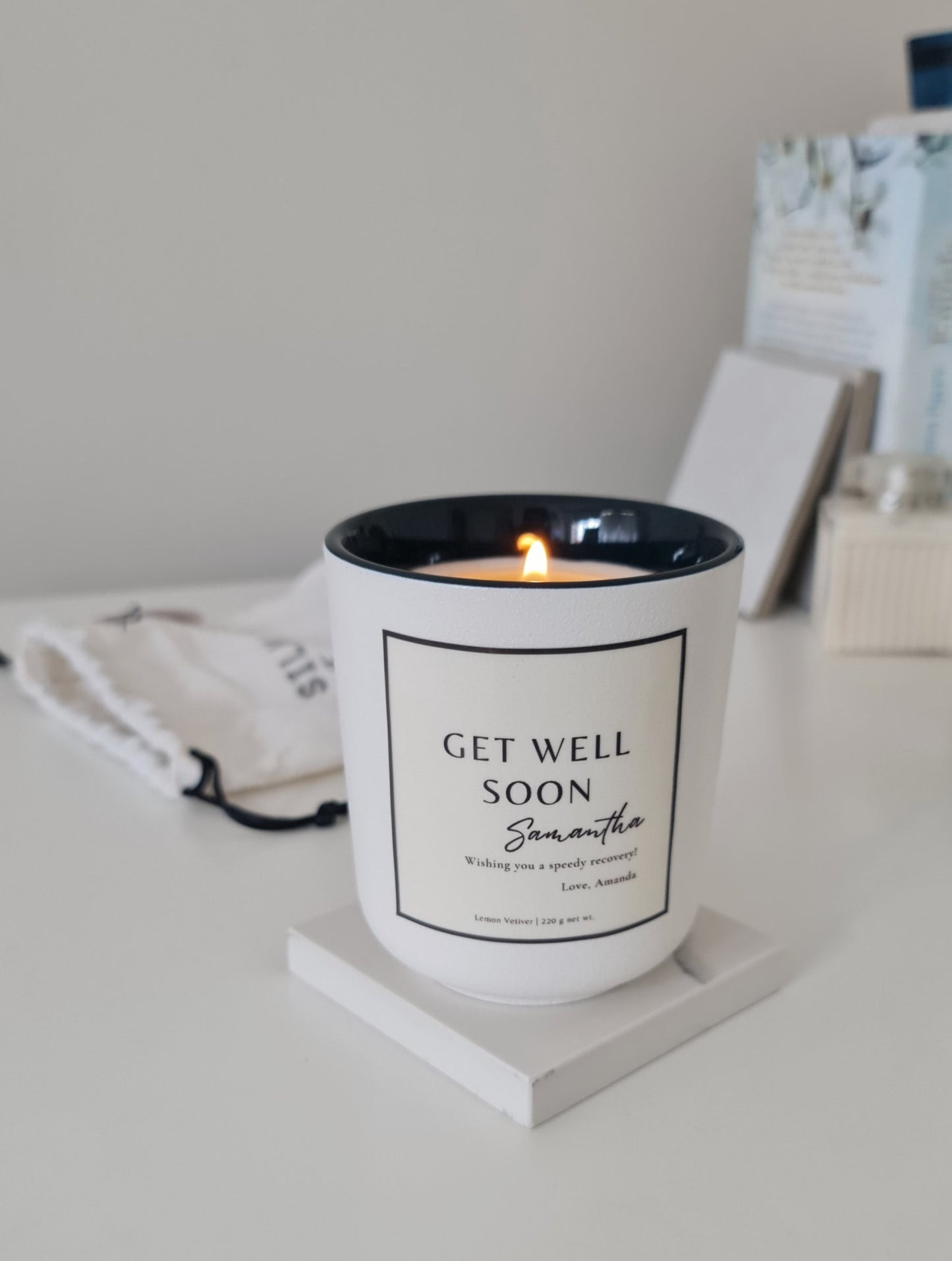 Get well soon gift, Custom scented candle gift Singapore, Custom name with personal message