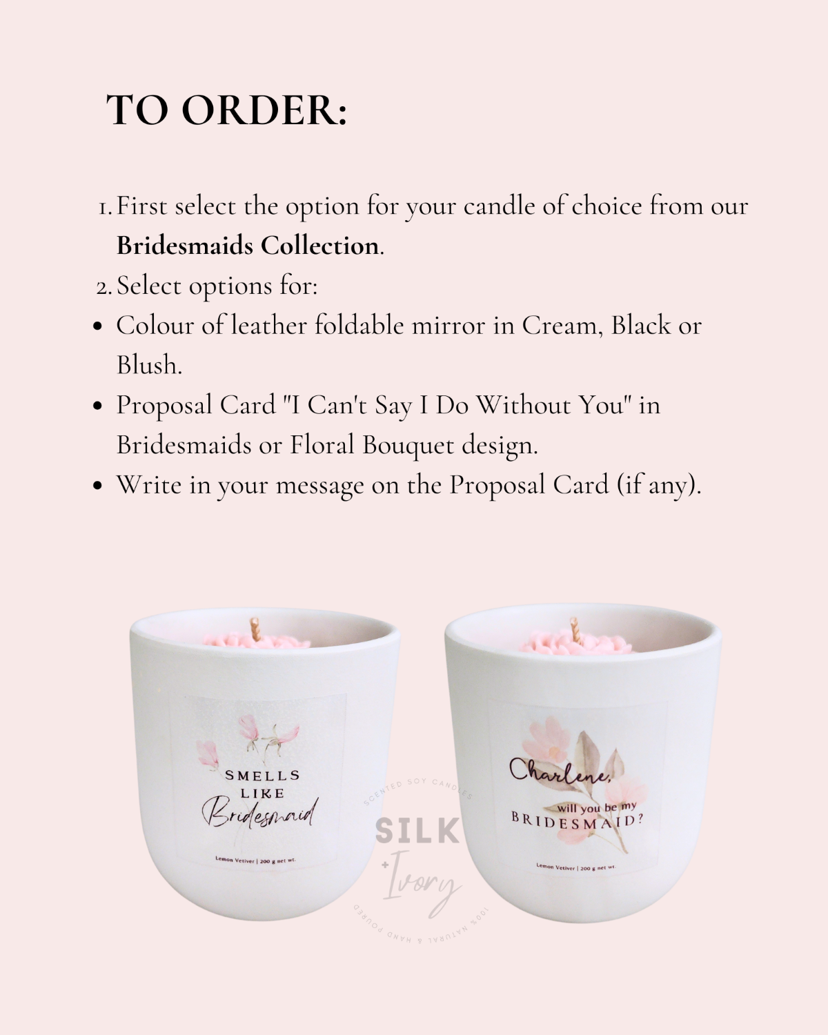 Bridesmaids proposal gift set order information, Silk ivory candles