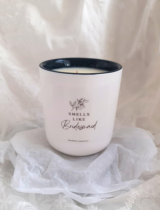 Smells Like Bridesmaid Candle Label, Bridesmaid Proposal Candle, White luxury ceramic candle jar, Singapore