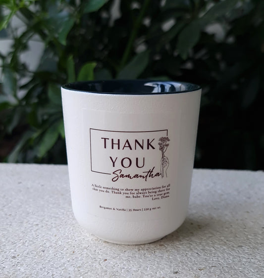 Thank you scented candle gift, Monochrome design, Custom corporate gift with personal message, Singapore